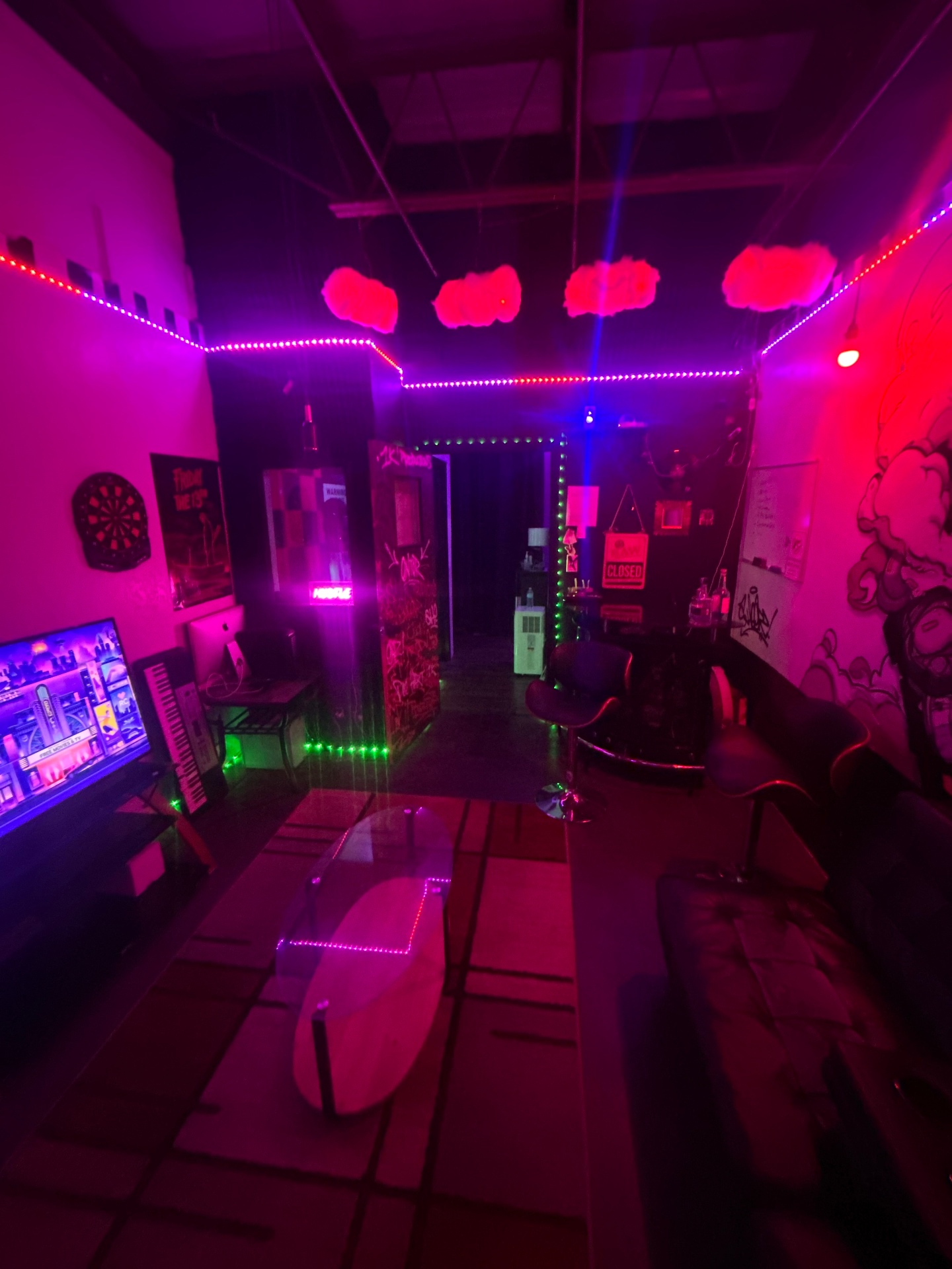 1K Productions main lounge with neon lights